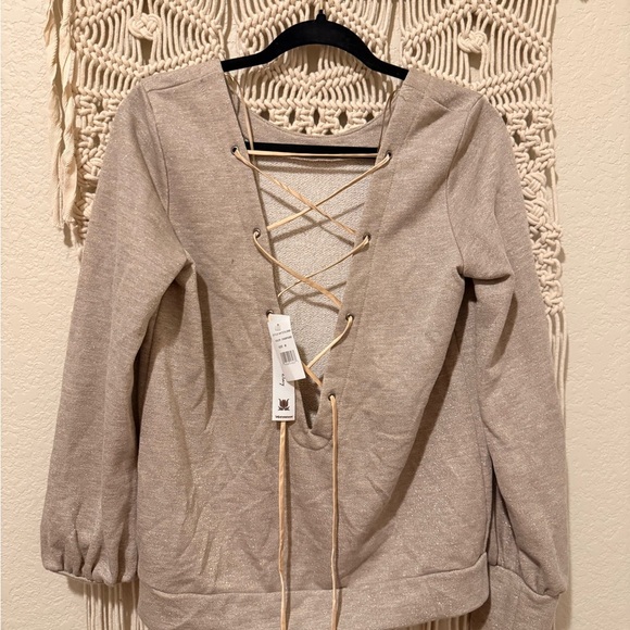 Willow & Clay Tops - Willow & Clay Women’s Medium Shimmery Tan Sweater – Lace-Up Back Knit Top